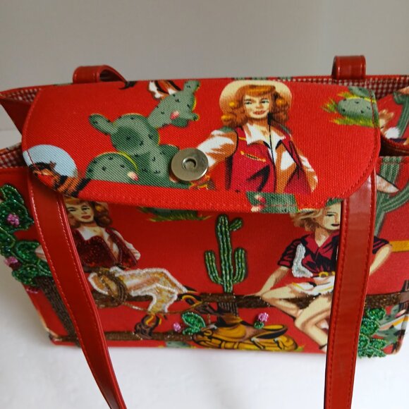 Retro 50's Red Rockabilly Pin Up Cowgirls with Beads & Sequins Shoulder Bag - Picture 11 of 13